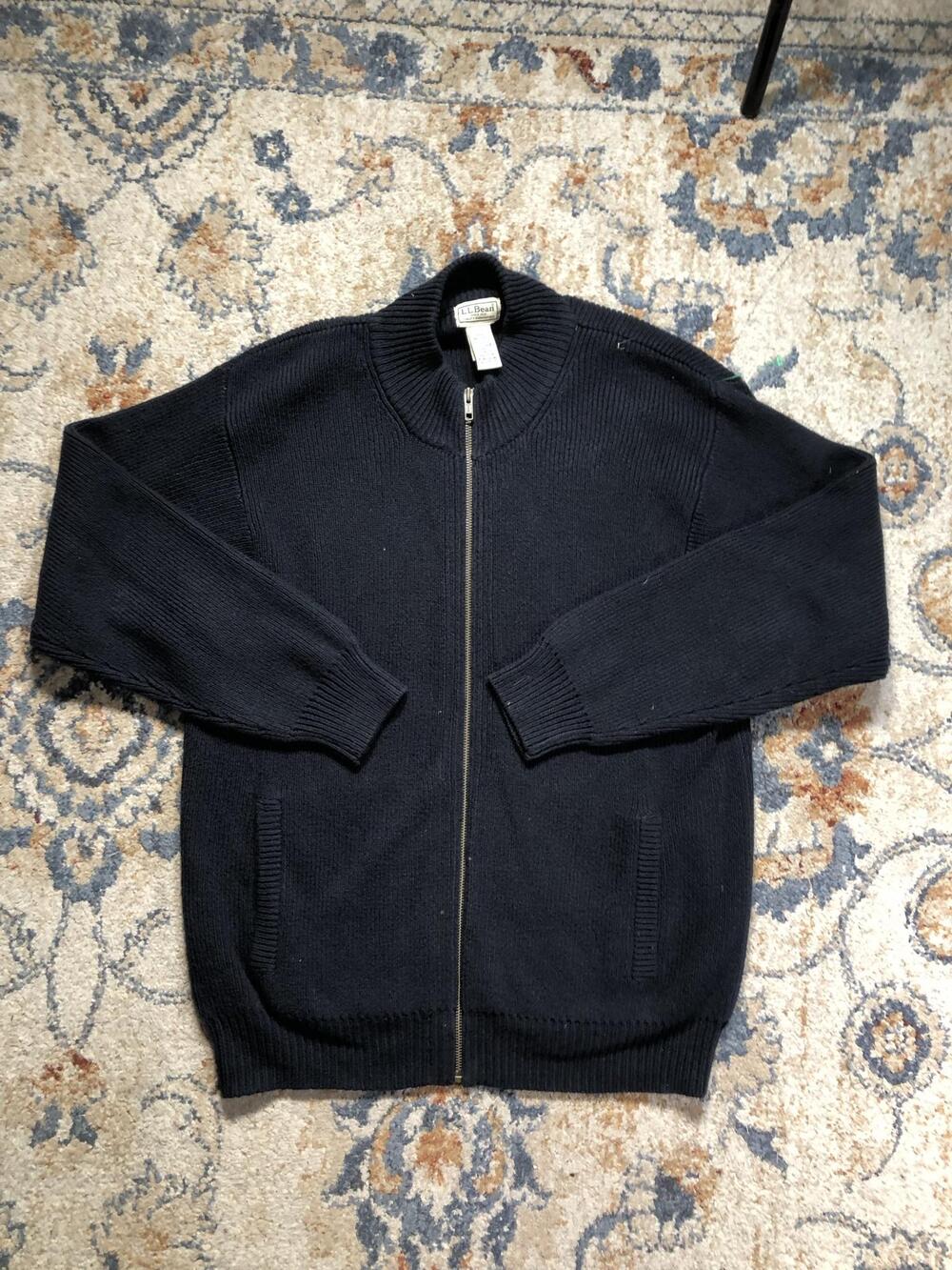 Vintage L.L.Bean Sweater Mens Medium Blue Full Zip Mock Neck Knit Hong Kong